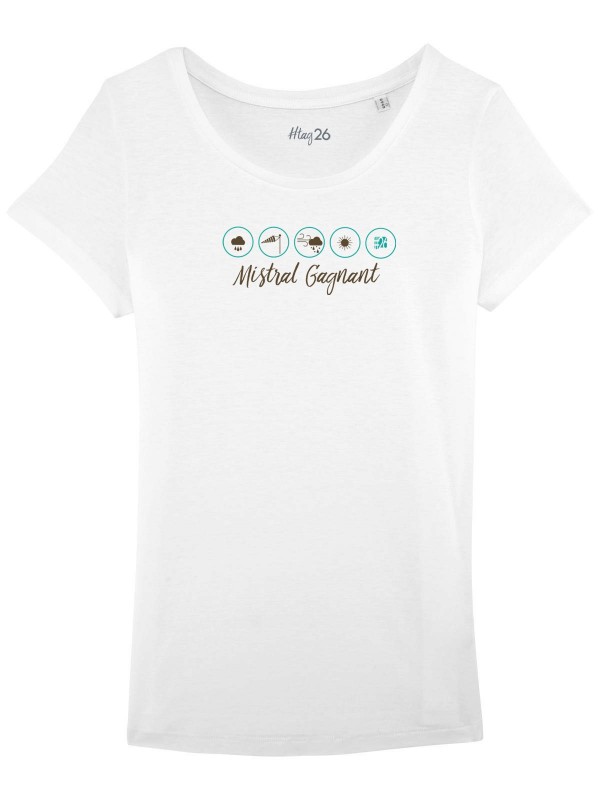 T-Shirt 100% coton bio femme blanc "Mistral gagnant" col large.