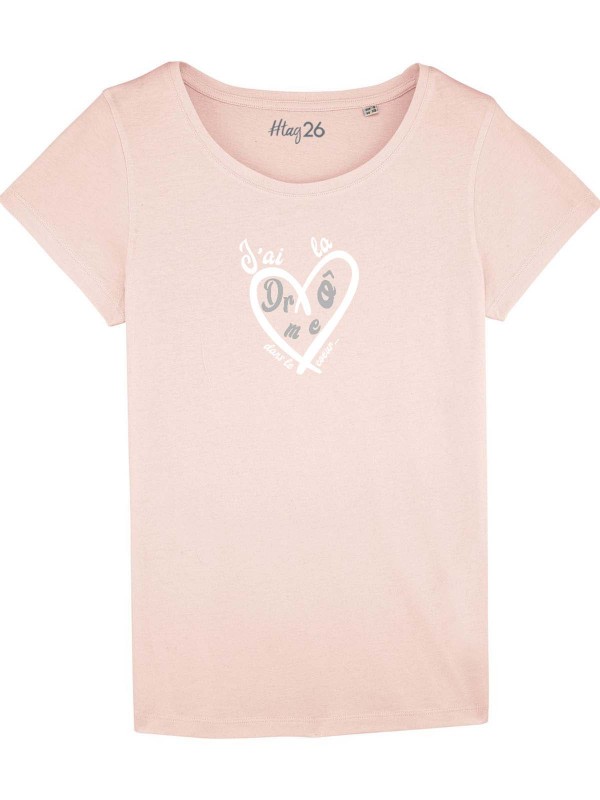 T-Shirt 100% coton bio femme rose "Drôme de coeur" col large