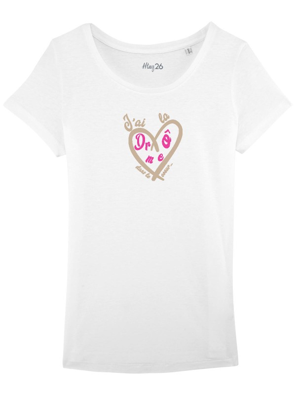 T-Shirt 100% coton bio femme blanc "Drôme de coeur" col large